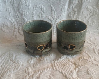 Set of 2 Cups, Hand Made, Vintage Somayaki, Japanese Aohibi, Soma Ware Pottery, Open Hearts