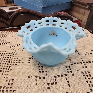 Signed, Light Blue Fenton Satin Dish with Open Lace Edge and Basket Weave Design, Candy Dish, Flower Bud Vase, Wedding Decor