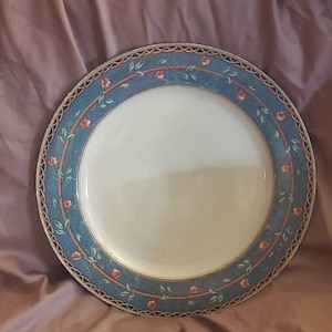 Christopher Stuart, 12 inch Chop Plate or Serving Platter, Mayfair Pattern, Blue Rim, Green & Red Swags, Red Flowers, Microwave Safe