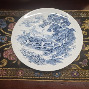 Wedgwood Country Side Blue 10 inch Dinner Plate, Blue English Scenes Transferware, Smooth, English China, River and Bridge Scene