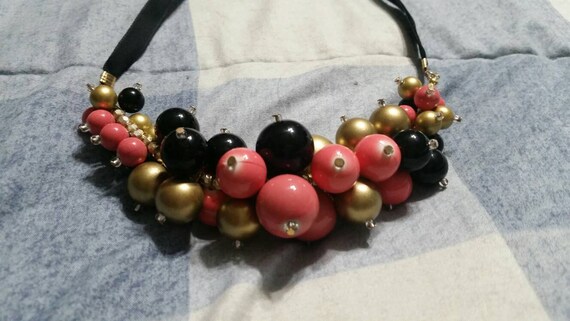 Peach. Black and Gold Toned Riveted Bead Cluster … - image 2