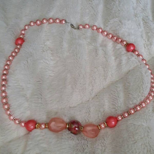 Chunky Bead Inexpensive Two Pink and Silver Toned Plastic Bead Faux Pearl 26 inch Costume Jewelry Necklace Fashion Accessory