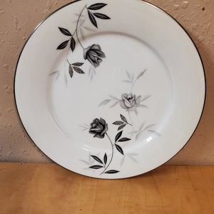 1970s Noritake Rosamor Pattern 10.40 inch Dinner Plate, Rim Gray Roses, Platinum, Gray & Black Leaves, Rare Find