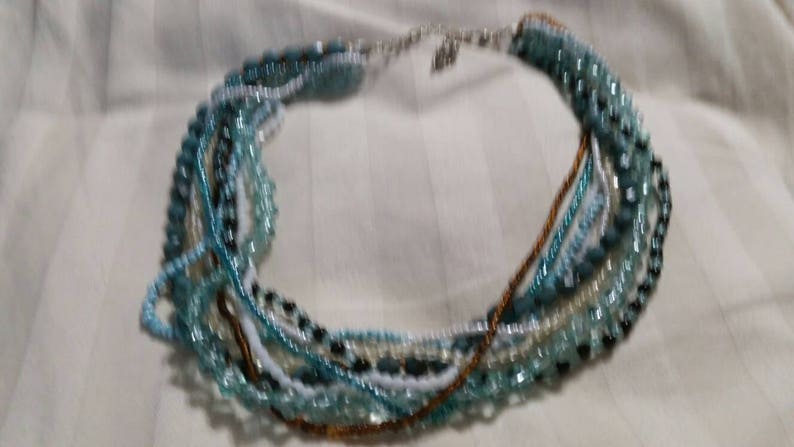White and Brown Tiny Bead Multi Strand Choker Necklace Costume Jewelry Fashion Accessory On Sale Collectible Bling Turquoise
