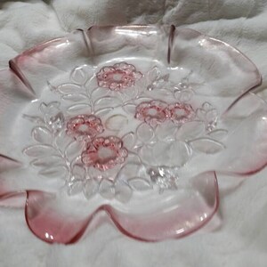 12 inch Round Rosella by Mikasa Frosted Glass with Flower Pattern with Pink Rim Decorative Home Decor