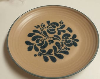 On Sale Folk Art Style, Pfaltzgraff USA Back Stamp, 10 inch Stoneware Dinner/Chop Plate with Brown and Blue Flowers Replacement Dish