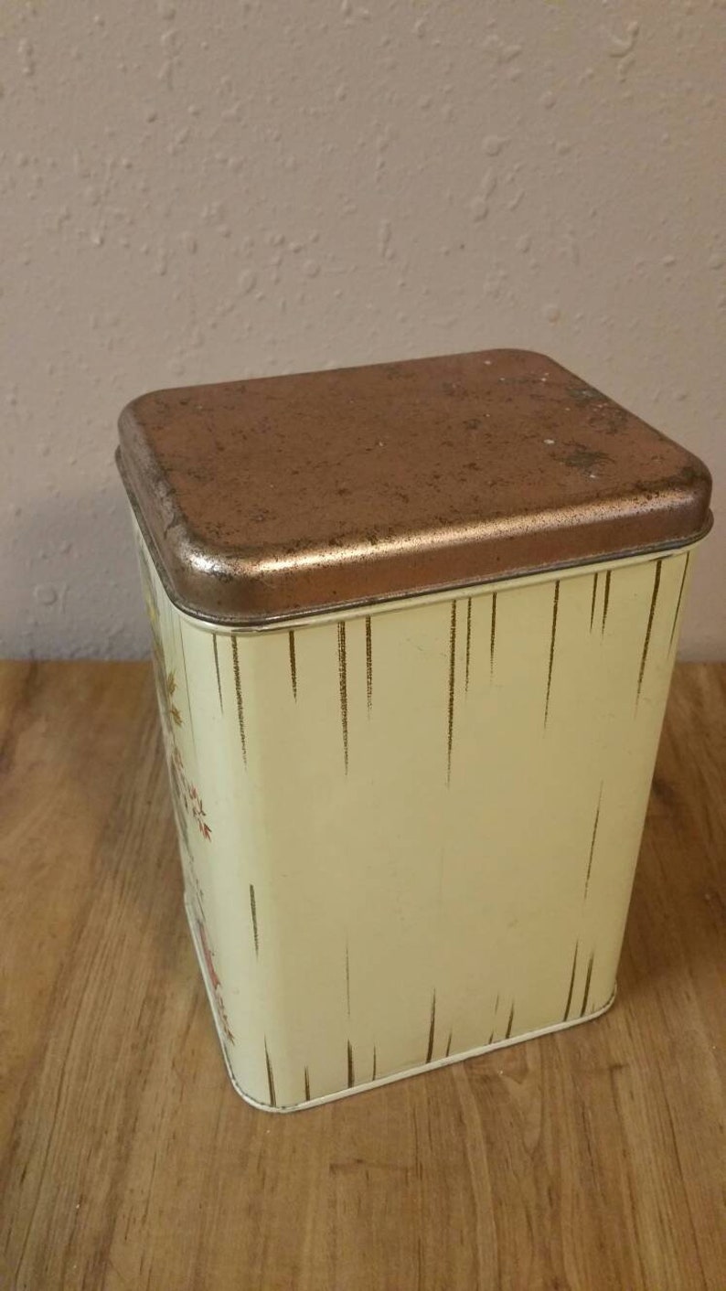 Rustic Cheinco Rectangular Flour Storage Container Tin with Coffee Grinder, Red Teapot and Eagle Picture Vintage Kitchen image 5