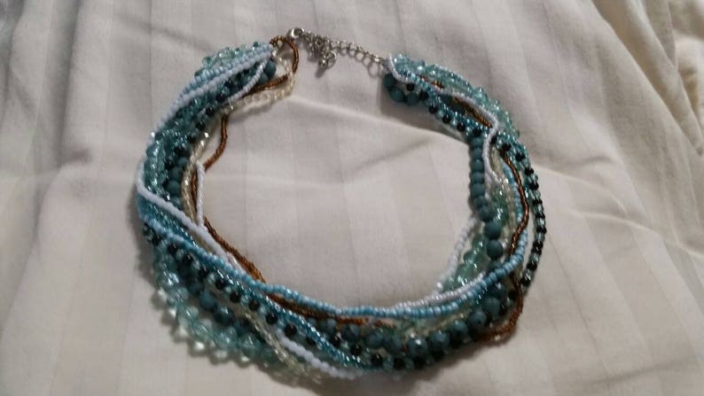 White and Brown Tiny Bead Multi Strand Choker Necklace Costume Jewelry Fashion Accessory On Sale Collectible Bling Turquoise