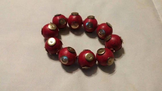 Boho Style Red Wooded and Brass Bead Expandable B… - image 1