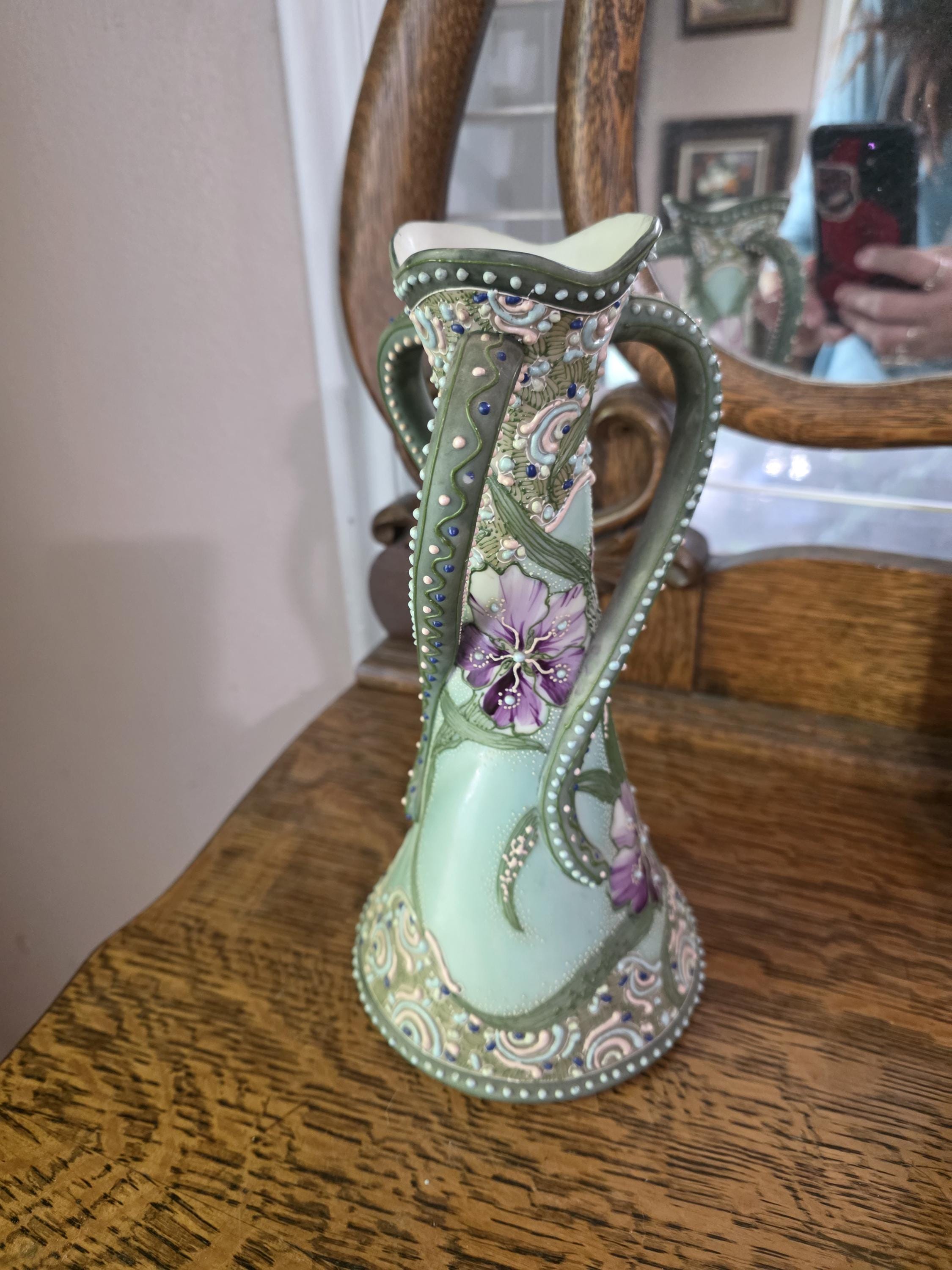 Vintage Nippon Moriage Green With 3 Handled Vase With Flower
