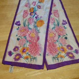 Jaclyn Smith, 56 inch long, Yellow, Pink and  Purple Flower, Vintage Tie Scarf, Fashion  Accessory