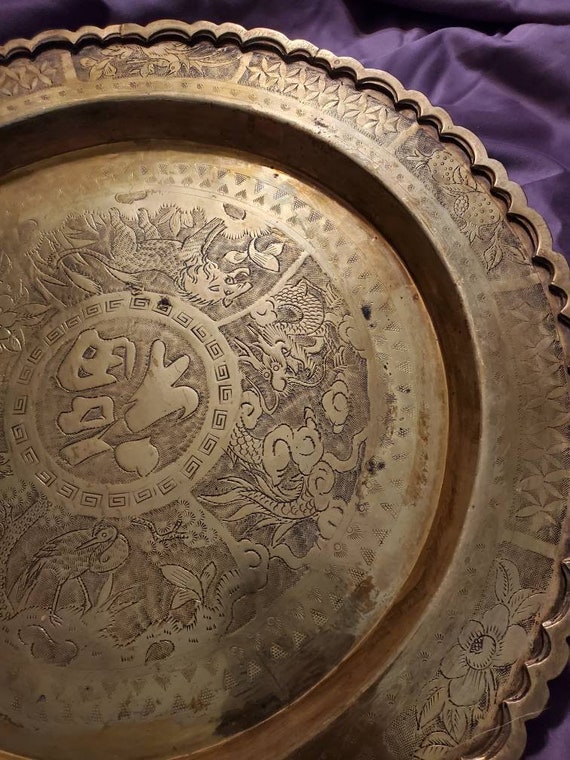 Vintage Brass Chinese Tray, Aged 14 Inch Tray, Brass Wall Medalion