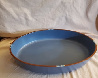 Dansk Mesa Sky Blue Stoneware 15 inch Oval Baker Casserole Dish with Lid Made in Portugal,  Mesa, Blue Body, Rust, White, Blue Edge