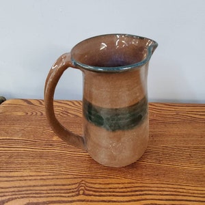 Handmade Brown Pottery, Large Water Pitcher with Green Band, Vintage Kitchen Tool