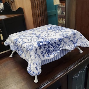 Brand New, Handmade Fabric, Delft Style, Blue and White Low Profile, Footstool, Ottoman or Pet Bed, White Shabby Chic Legs
