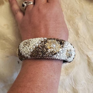 Hollywood Regency Style, Rhinestone, Faux Pearl and Gold Toned Bead,  Large Bangle Bracelet, Costume Jewelry, Fashion Accessory