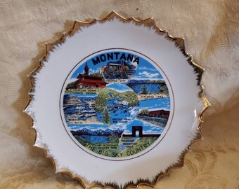 8.25 pulgadas, placa decorativa del estado de Montana o colgante de pared, cocina vintage, borde dorado con volantes, placa de recuerdo
