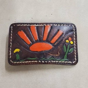 Dark Brown Leather with Orange Sun Design, Rectangular Belt Buckle, 1960s Fashion Accesory, Hippie Chic Style