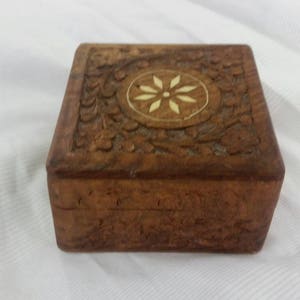 Hand Carved Wooden Box with Bone Inlay, Sheesham Wood Box from India, Small Floral Box