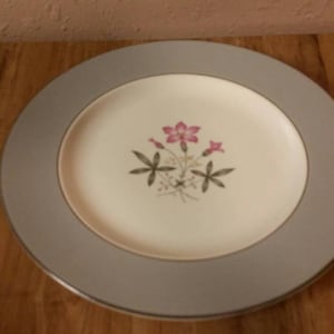 Homer Laughlin Guscio d&#39;uovo Nautilus Cavalier Fiore rosa e bordo grigio CV30 10 pollici Cena o Chop Piatto da cucina da collezione