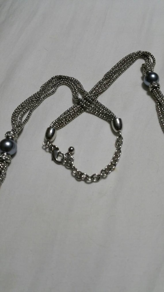 On Sale Multi Colored White Faux Pearl and Gray Bead Silver and Gold Toned Triple Strand Long 34 inch Necklace Costume Jewelry Fashion Acce