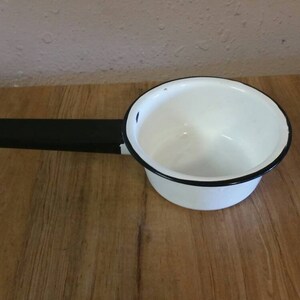 White and Black Enamel Small Sauce Pan, Vintage Home Decor or Cooking Tool