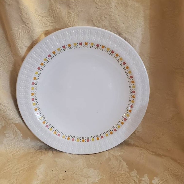 April Tulips 8 inch Salad Plate, Centura by Corning, French White Ribbed Serving Plate, Replacement Dish, Embossed, Multicolor Tulips