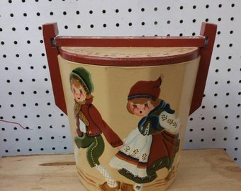 Dutch Boy and Girl Tole Painted Folk Art Style Hand Painted Wooden Bucket Mom's Sewing Box