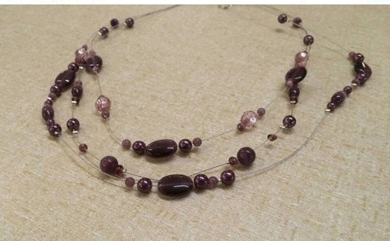 On Sale Memory Wire Purple Bead 3 Strand 18 inch Necklace Costume Jewelry Fashion Accessory