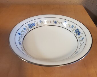 Noritake Ivory China, Norma Pattern ,5.5 inch Berry or Sauce Bowl, Blue Flower, Platinum Bands, Made in Japan, Fine Dining