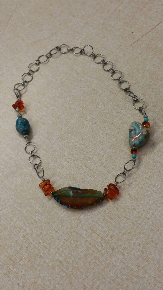 Faux Stone Plastic Bead, Orange and Turquoise Bead