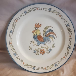 Metlox Poppy Trail, Vernon Ware, Rooster Bleu Design, 10.50 inch Dinner or Chop Plate, Multi Color Rooster, 1960s Kitchen, Blue Rim
