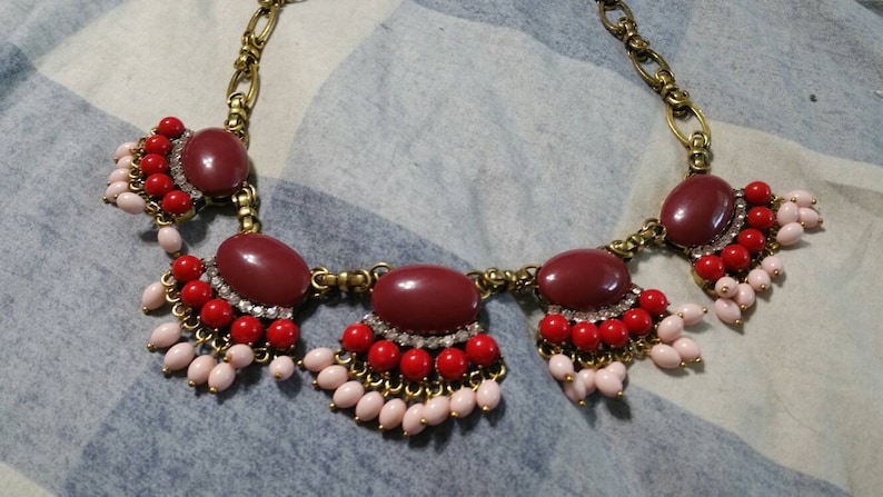Bright Red and Pink Beaded with Rhinestone Bib 18 inch Necklace Egyptian Style Layered Costume Jewelry On Sale Brass Toned and Maroon