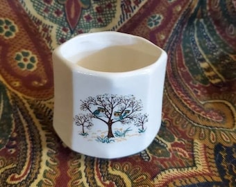 Unmarked Ceramic White, Octagon Toothpick Holder with Owls in a Tree, Curio Cabinet Item, Trinket Holder