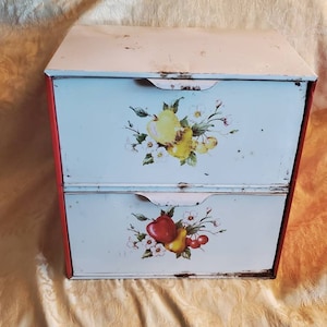 Rustic, Red and White Metal, Double Decker Bread Box with Apple and Pear Design, Aged Loved Vintage Kitchen Tool, Storage Bin