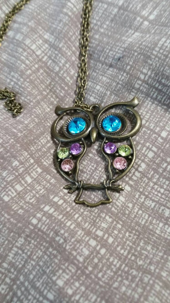 Inexpensive Bling Bronze Toned, Large Owl Pendant 
