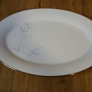 Noritake Virtue, 14 inch Oval Serving Platter, White/Blue Roses, Platinum Trim, Discontinued Pattern