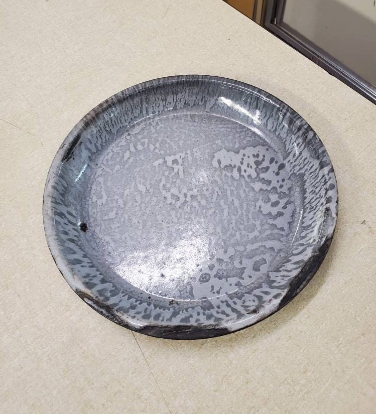 Rustic, Black and Gray Graniteware,  Pie Plate or Serving Dish,  Mid Century Kitchen, Cooking Pan, Home Decor