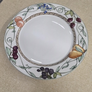 Dansk Umbrian Fruits Large 11  inch Dinner Plate, New Old Stock, Multi Colored Fruits on Vine, Tan Weave Bavd, Discontinued Pattern