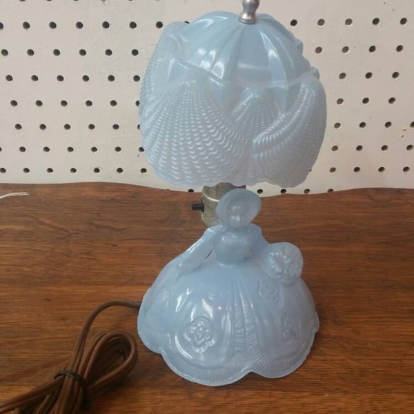 Working , Delphite Blue Vintage 1930's - 1940's Southern Belle Depression Glass Boudoir Lamp, Bedside Lamp