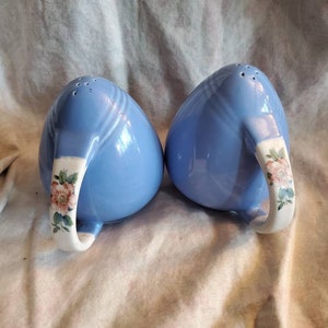Hall China,  Blue, Rose Parade,  Salt and Pepper Shakers, Vintage Kitchen with Pink Roses