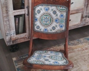 1920's Folding Cherry Wood Rocking Chair with New Fabric, Folding or Traveling Antique Chair, Original Wood, Blue and White Fabric