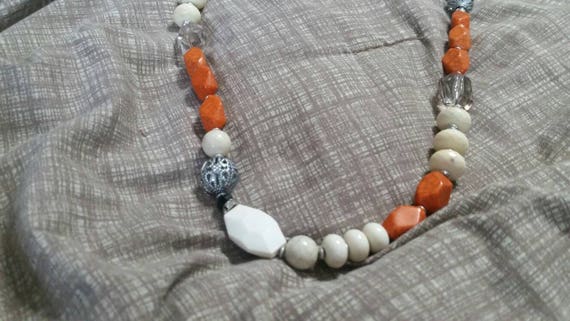 Multi Sized and Orange Bead White Beaded 34 inch … - image 2