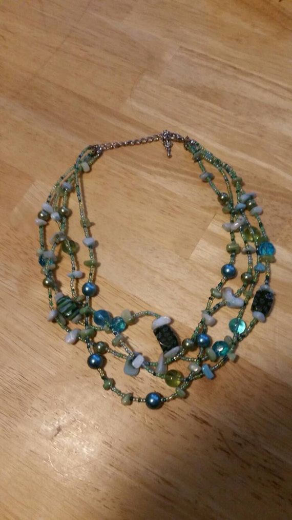 White, Turquoise Blue and Green 4 Strand Beaded N… - image 1