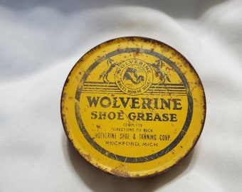 Rustic, Wolverine Shoe Grease, Aged Tin, Vintage Home Decor, Collectible 1940s Can