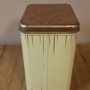 Rustic Cheinco Rectangular Flour Storage Container Tin with Coffee Grinder, Red Teapot and Eagle Picture Vintage Kitchen image 2