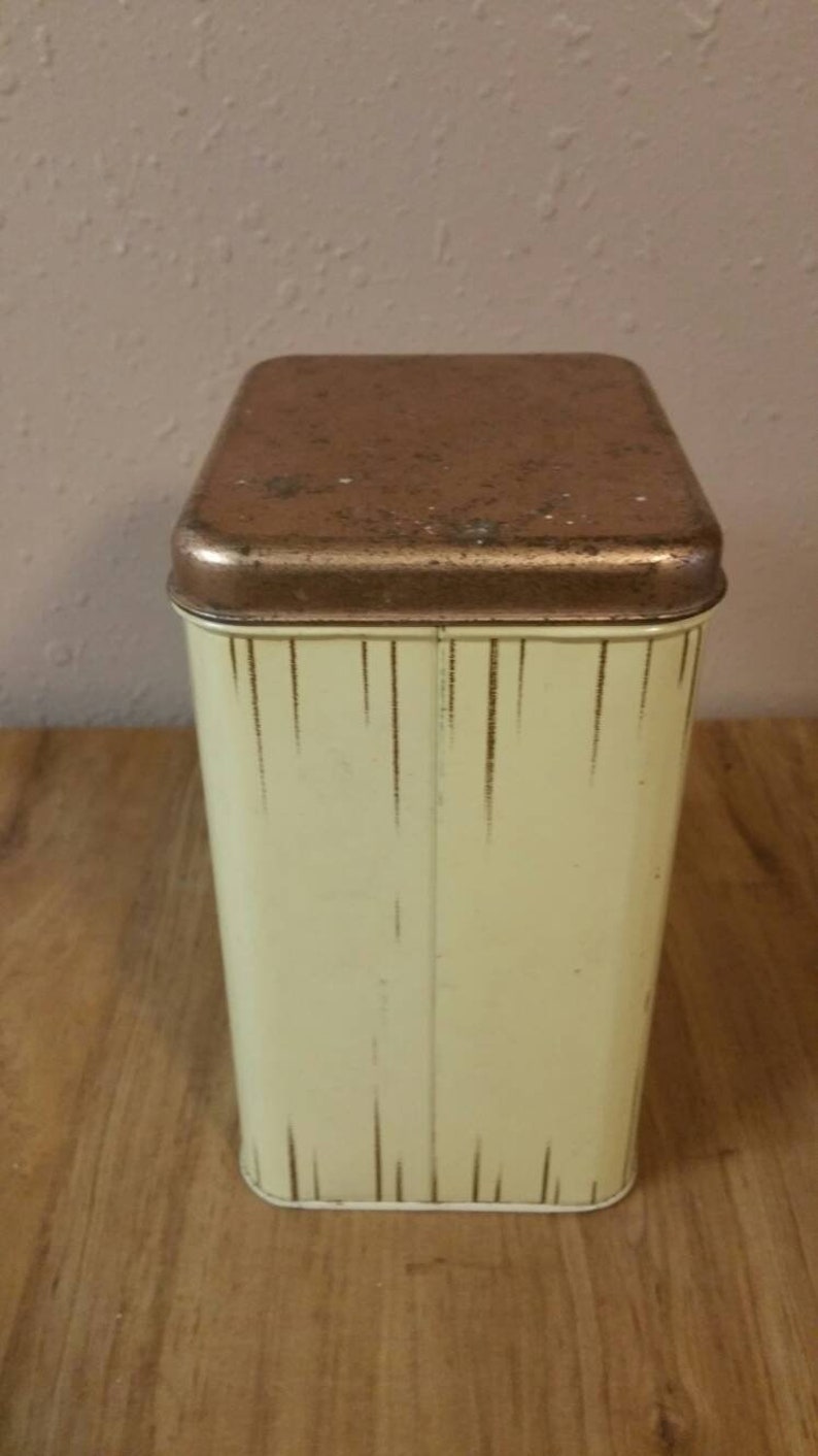 Rustic Cheinco Rectangular Flour Storage Container Tin with Coffee Grinder, Red Teapot and Eagle Picture Vintage Kitchen image 2