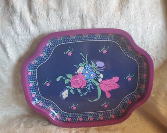 Made in England, Large 12 inch Oval, Metal Serving Tray with Pink Flower Bouquet Design, 1980s Home Decor