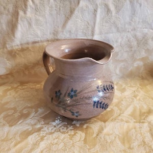Handmade, Brown Pottery 32 Ounce Pitcher with Blue and Leaf Design, Natural Colors, Pottery Wheel Made