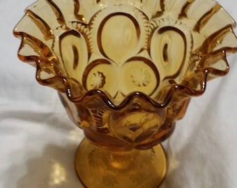 L E Smith Moon and Stars Compote Gold/Amberina Vintage Candy Dish with Ruffled Edges Home Decor